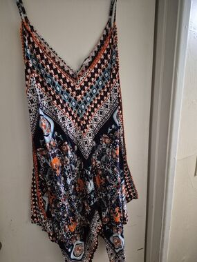 Women's Navy & Orange Printed V-Neck Sleeveless Tank